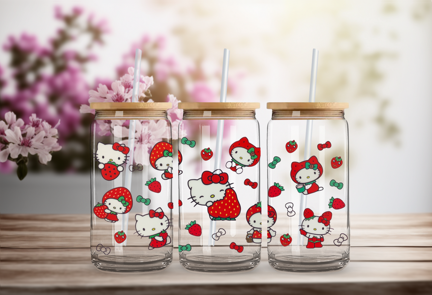 Hello Kitty and Strawberries - 16oz UV DTF Cup Wrap